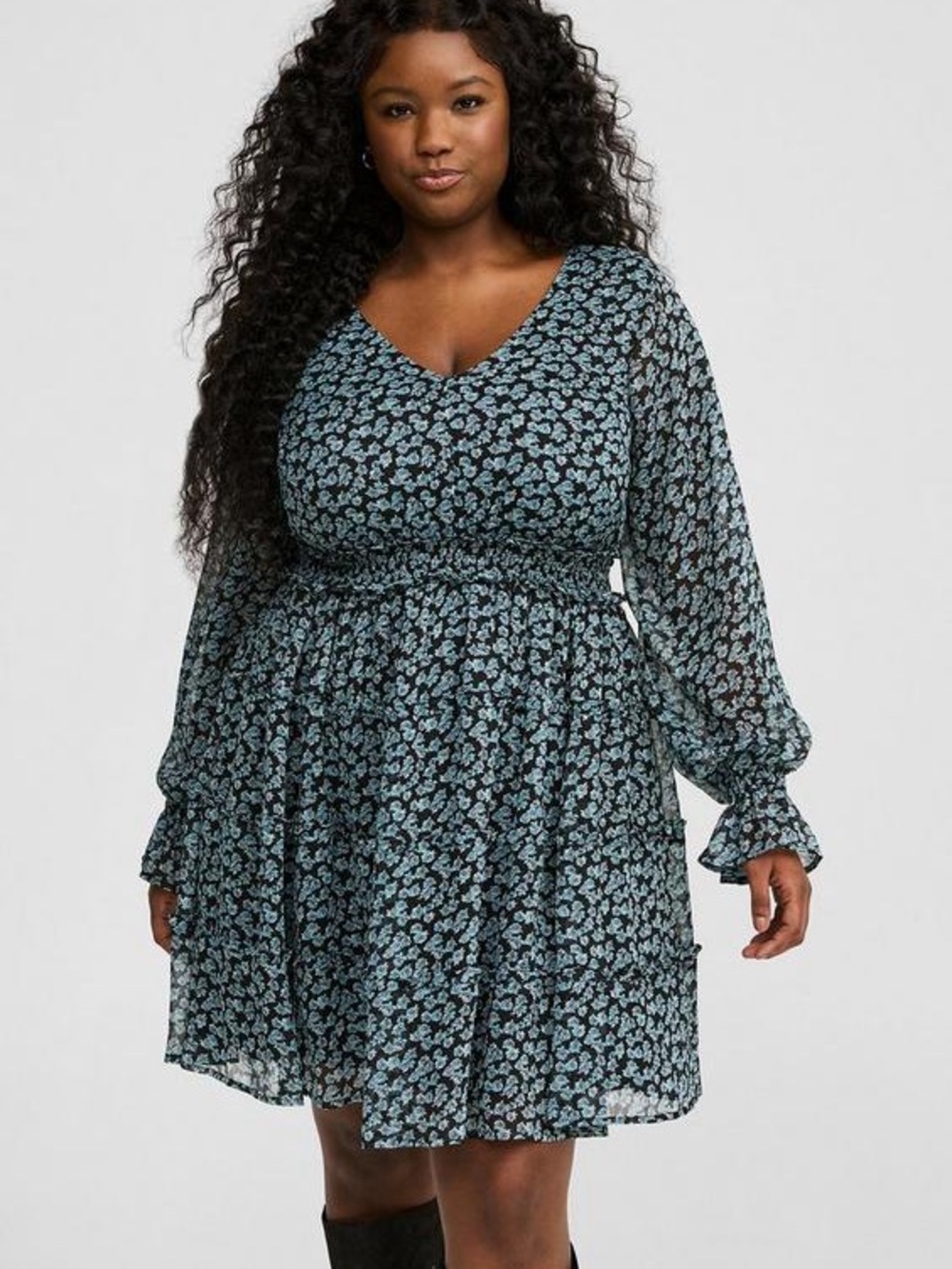 Torrid Mini Lurex Chiffon Tiered Dress Floral V-Neck Long Sleeve Dress